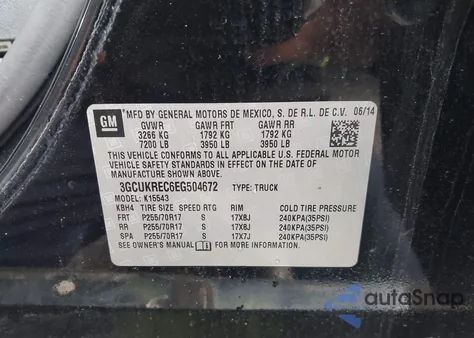 2014 Chevrolet Silverado 1500 1Lt from USA, damaged, VIN 3GCUKREC6EG504672